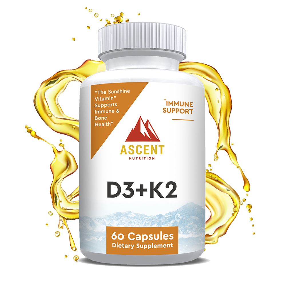 D3 + K2, 60 Capsules, 125 mcg D3 + 100 mcg K2 each by Ascent Nutrition