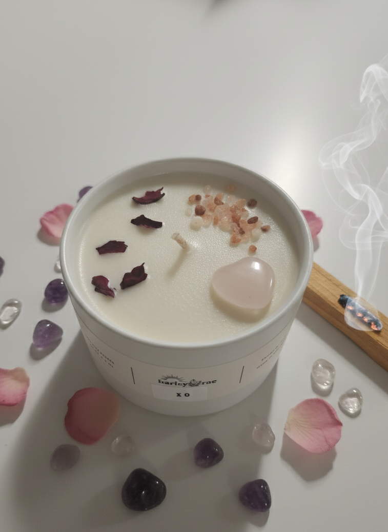 Candle in a white container with decorative stones and petals on a light surface