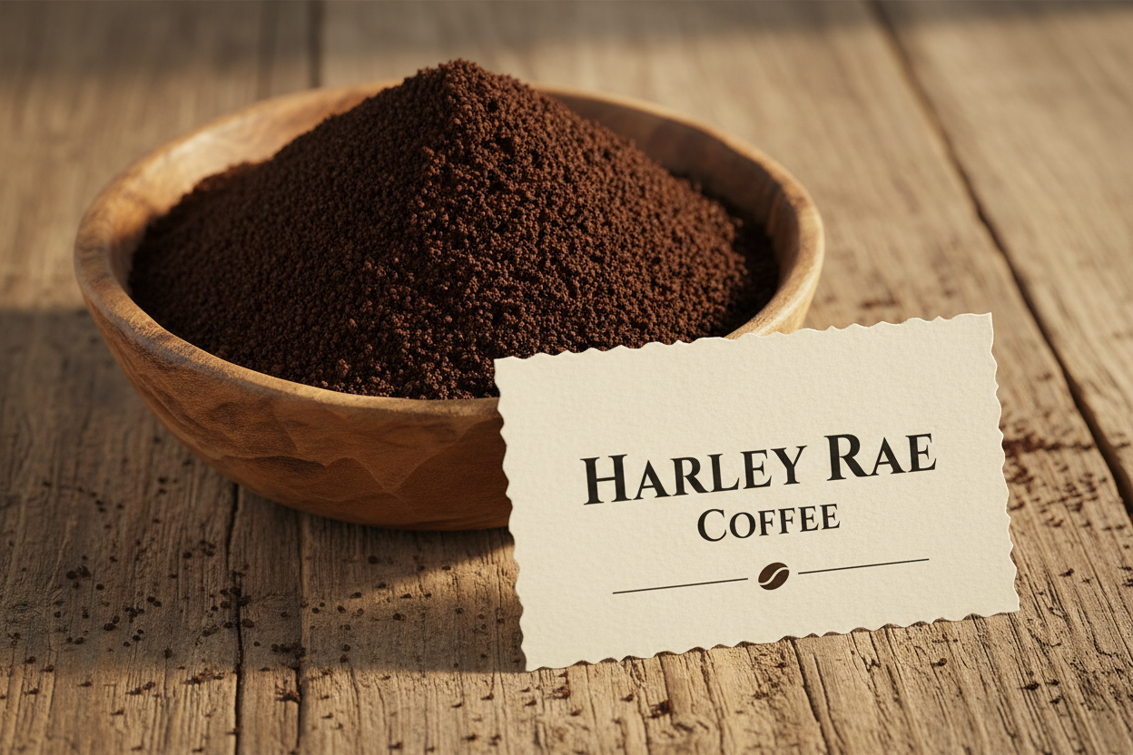 make it similar to the Whole bean image showing coffee in the wooden bowl and a card with Harley Rae Coffee but use ground coffee instead of whole beans