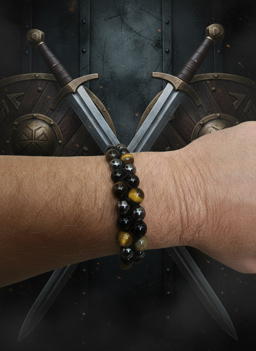 A bracelet made with tigers eye and hematite stones, wrapped around an arm.