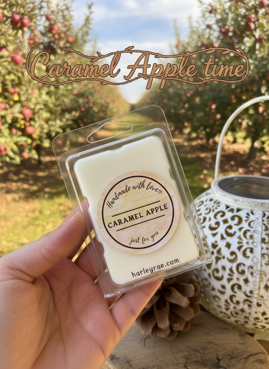 Caramel Apple soy wax melt in a decorative apple orchard background.