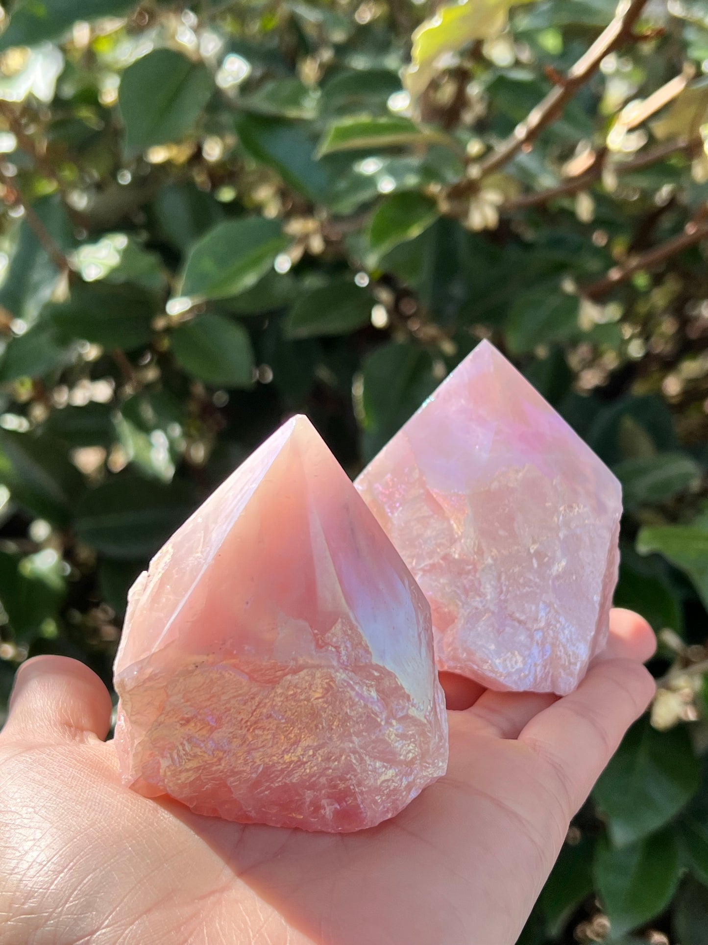 ANGEL AURA COATED ROSE QUARTZ TOP POLISH POINT