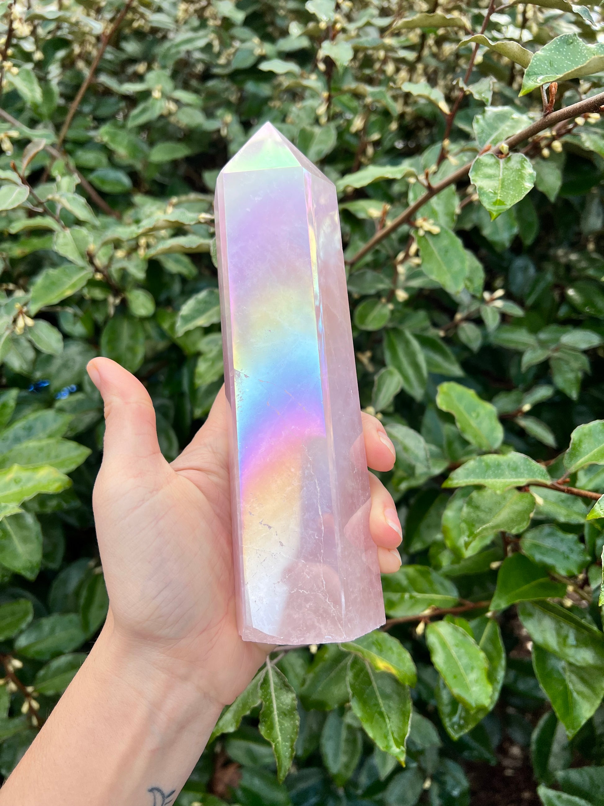 ANGEL AURA COATED ROSE QUARTZ TOWER