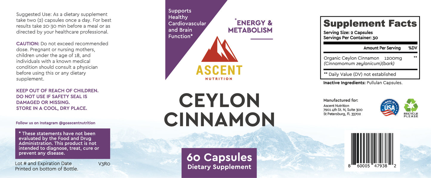 Organic Ceylon Cinnamon, 60 Capsules, 600 mg each by Ascent Nutrition