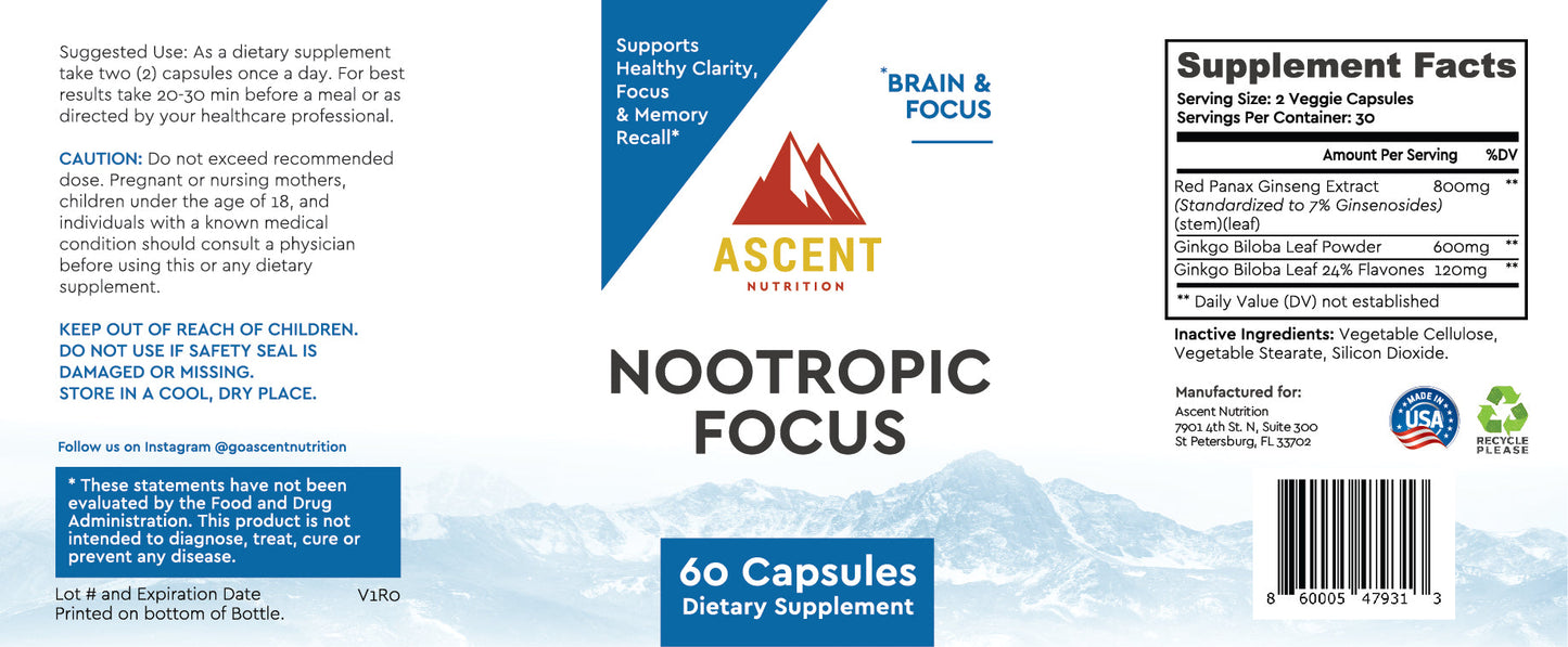 Nootropic Focus, 60 Capsules, 800 mg Ginseng + 720 mg Ginkgo Biloba each by Ascent Nutrition