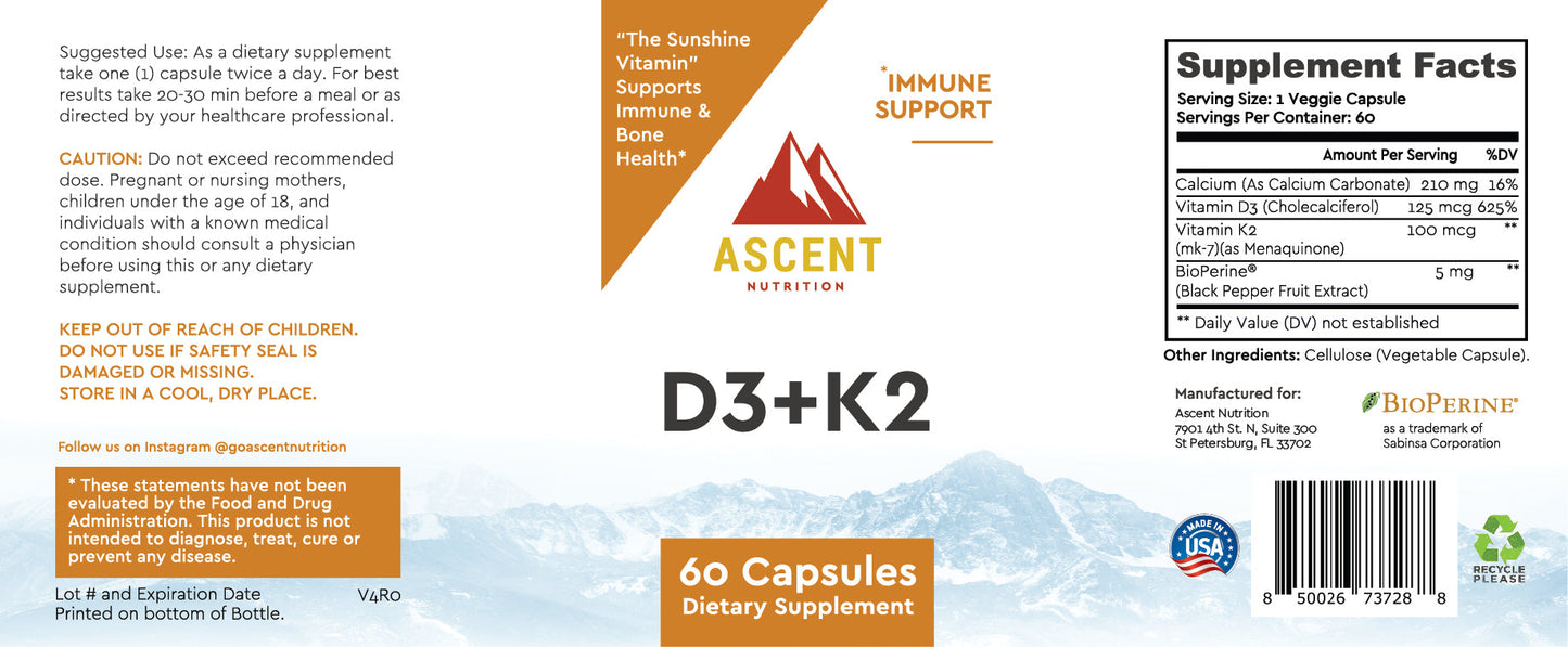 D3 + K2, 60 Capsules, 125 mcg D3 + 100 mcg K2 each by Ascent Nutrition