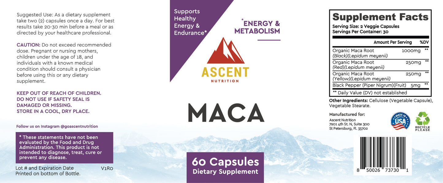 Organic Maca Root, 60 Capsules, 1500 mg each by Ascent Nutrition