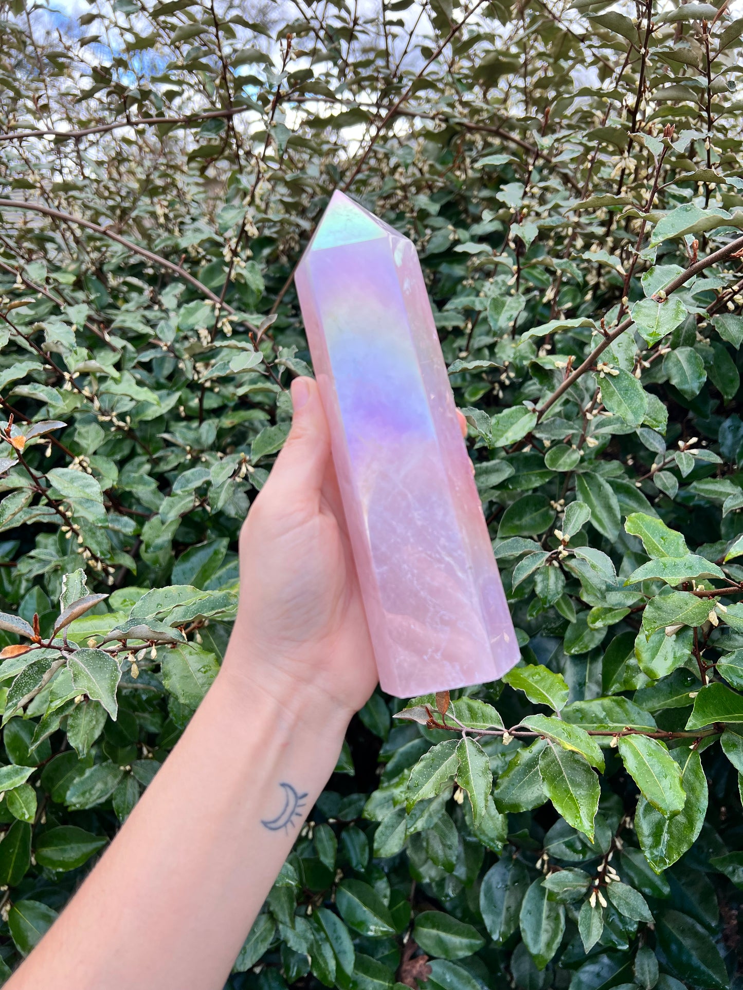 ANGEL AURA COATED ROSE QUARTZ TOWER