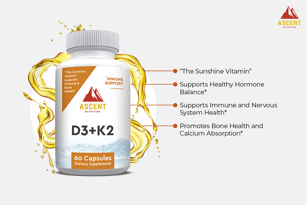 D3 + K2, 60 Capsules, 125 mcg D3 + 100 mcg K2 each by Ascent Nutrition