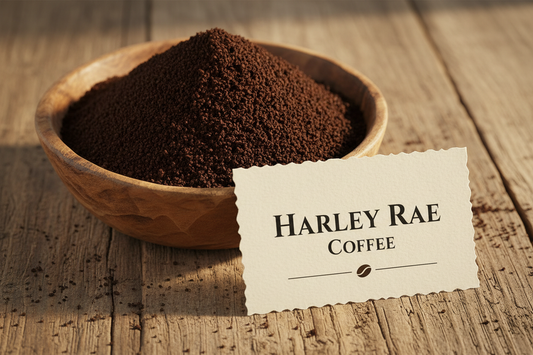 make it similar to the Whole bean image showing coffee in the wooden bowl and a card with Harley Rae Coffee but use ground coffee instead of whole beans