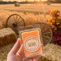 HAYRIDE soy wax melts, with a wax warmer and pine cones in the background, suggesting a cozy home setting.