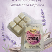 a serene sanctuary of Lavender and Driftwood wax melts