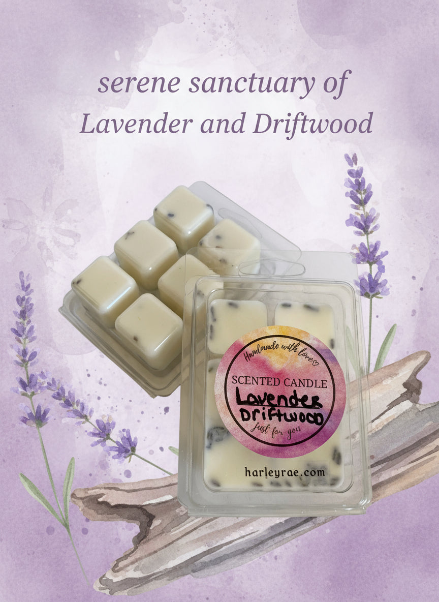 a serene sanctuary of Lavender and Driftwood wax melts