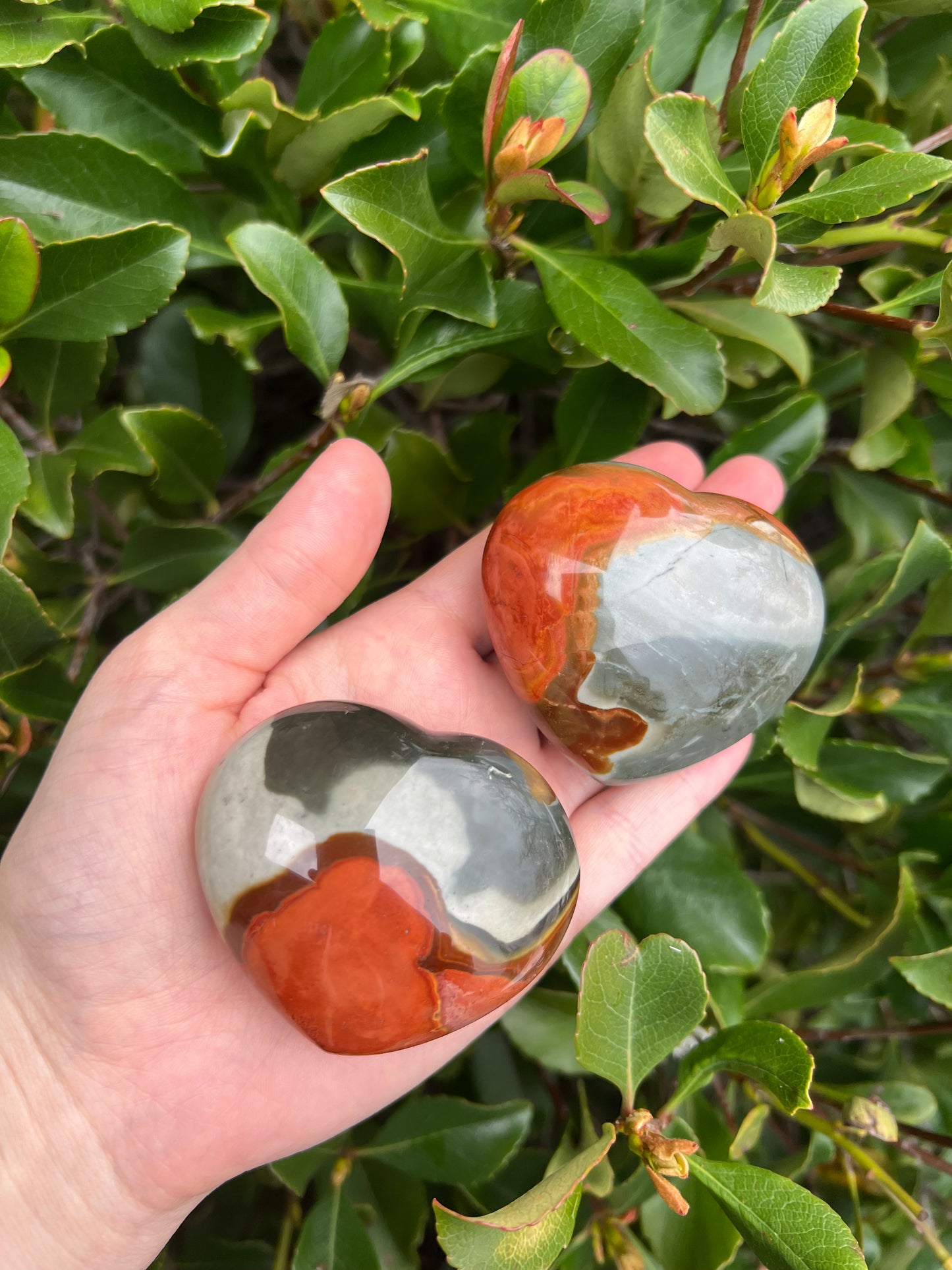 POLYCHROME JASPER HEART SHAPED PALM STONE