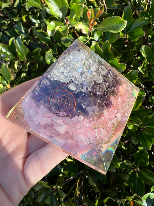 CLEAR QUARTZ, AMETHYST, ROSE QUARTZ ORGONITE PYRAMID