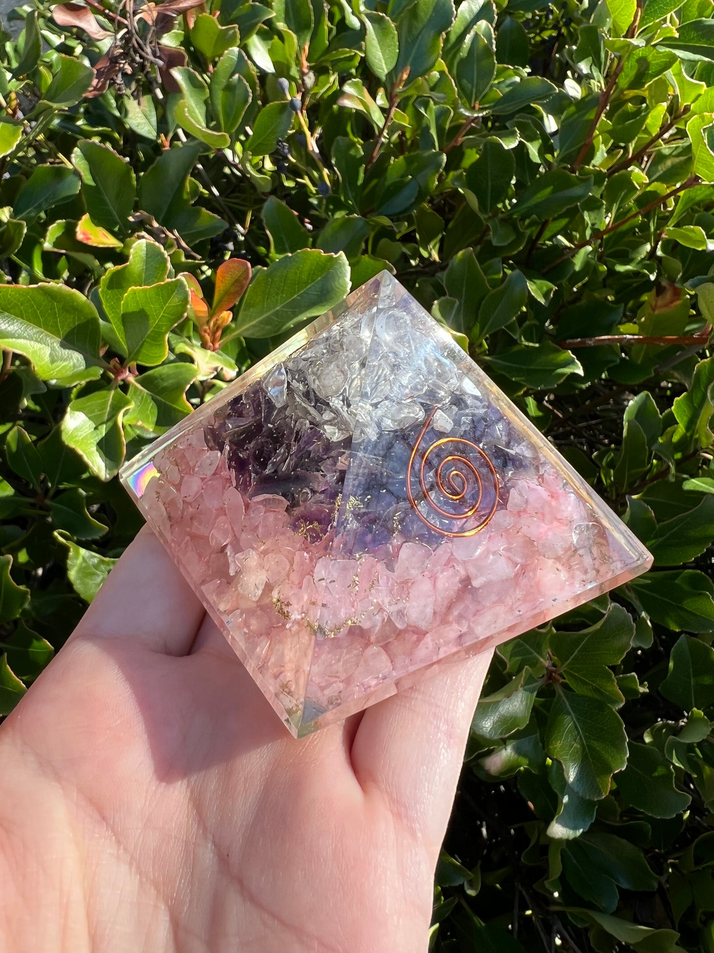 CLEAR QUARTZ, AMETHYST, ROSE QUARTZ ORGONITE PYRAMID