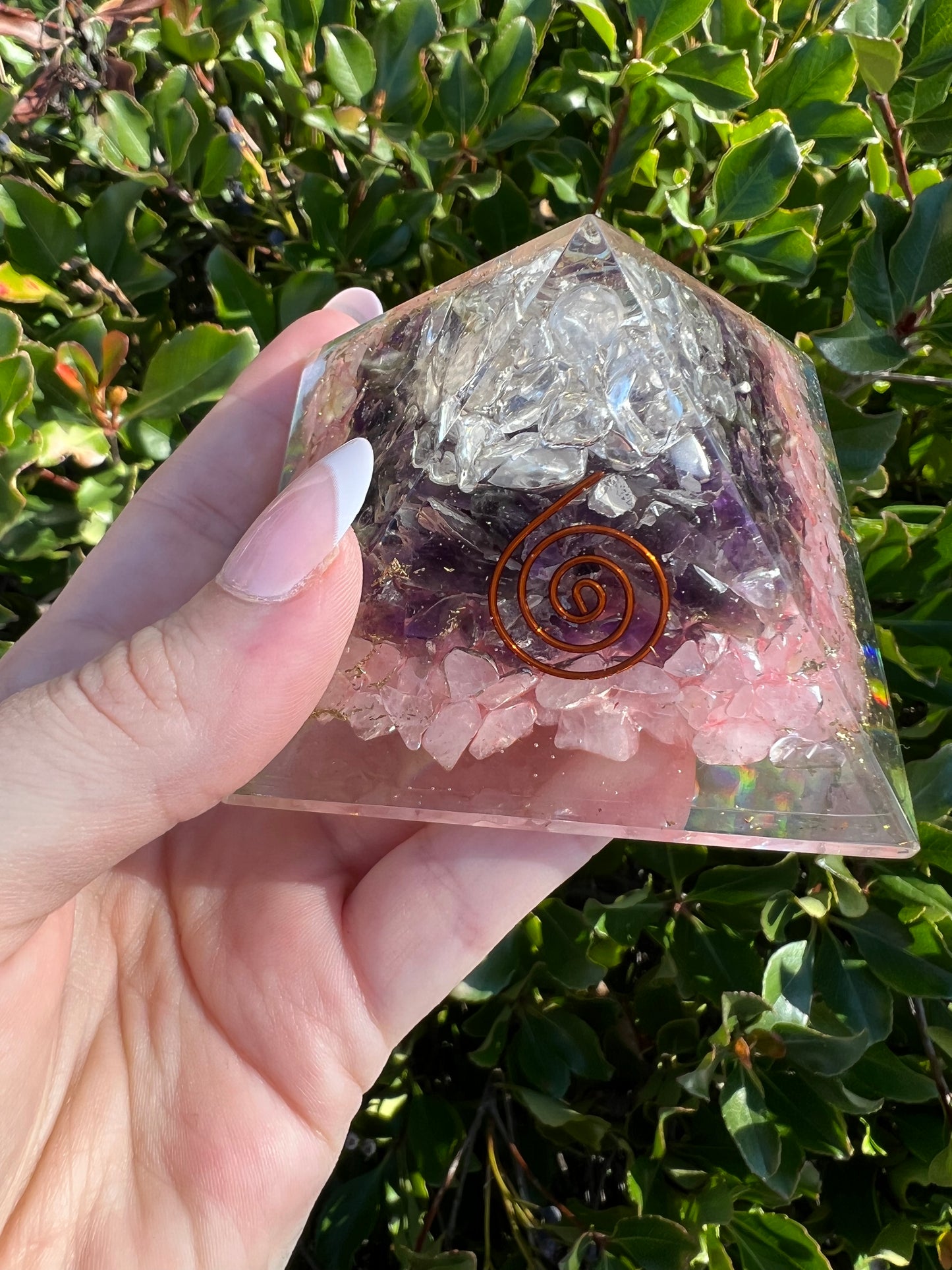 CLEAR QUARTZ, AMETHYST, ROSE QUARTZ ORGONITE PYRAMID